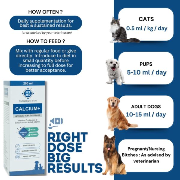 PET360 Calcium+ Advanced Mobility Formula with Calcium, Amino Acids & Vitamins for Dogs & Cats | Bone Growth, Muscle Strength & Nerve Support | Nutritional Supplements for Pets – 200 ml