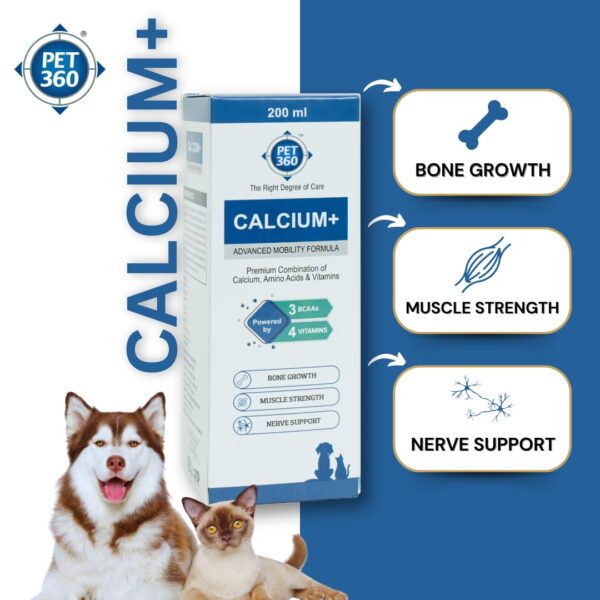 PET360 Calcium+ Advanced Mobility Formula with Calcium, Amino Acids & Vitamins for Dogs & Cats | Bone Growth, Muscle Strength & Nerve Support | Nutritional Supplements for Pets – 200 ml