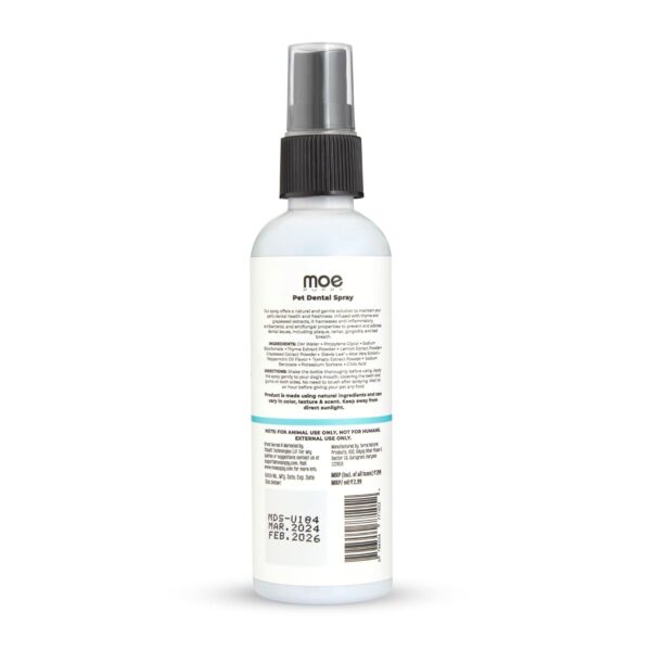 Moe Dental Spray for Dogs and Cats – Oral Spray for Dog Controls Plaque & Tartar, Freshens Breath | Aloe Vera, Grapeseed, Thyme | Dog Dental Care (100 ML)