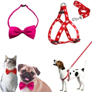 Sage Square Jumbo Size Adjustable Fashion Party, Function, Costume Neck Bow Tie Necktie + Red Harness Leash Set - Comfortable & Stylish Pet Walking Accessories for Dog & Cat, Comfortable, Stylish