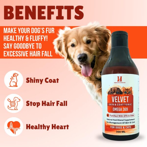 Humane & Hound Velvet Skin & Coat Tonic with Omega 3 6 9 for Dogs & Cats (300 ML)