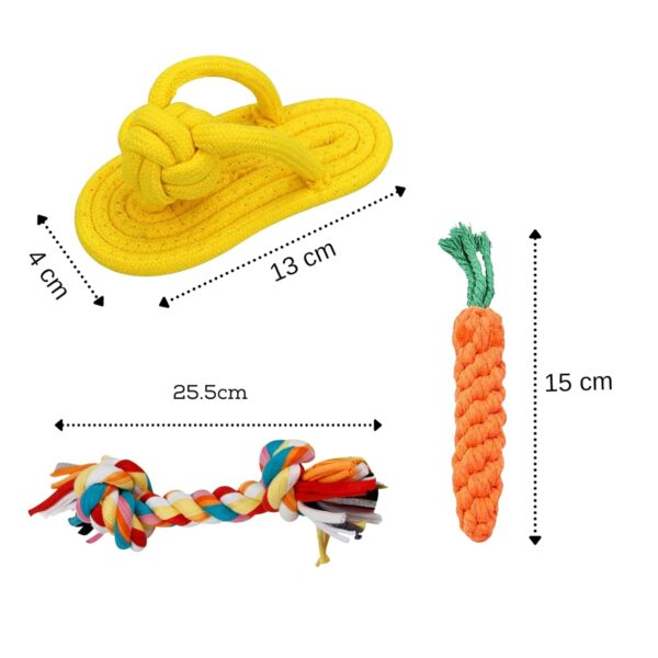 Foodie Puppies 3-in-1 Cotton Rope Chew Toy Combo for Small Dogs & Puppies | Durable, Safe Braided Rope Toys for Teething, Playing, Fetching & Training (2Knot, Carrot and Slipper) (Color May Vary)