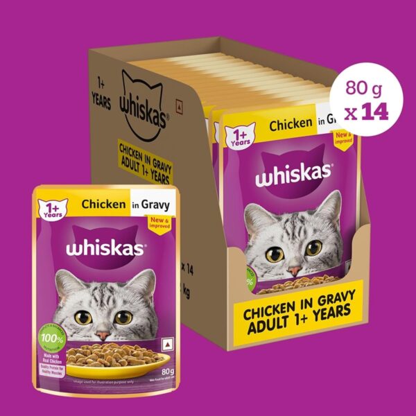 Whiskas Adult (1+ Years) Wet Cat Food, Chicken in Gravy, 80 g, Pack of 14, Hydrating Food Made With Real Chicken, 100% Complete & Balanced Nutrition for Adult Cats