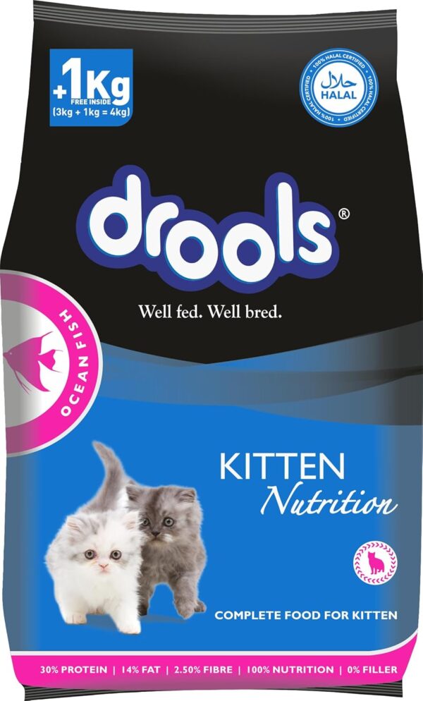 Drools Kitten(1-12 months) Dry Cat Food, Ocean Fish - 4kg (3kg + 1kg Free Food Inside)