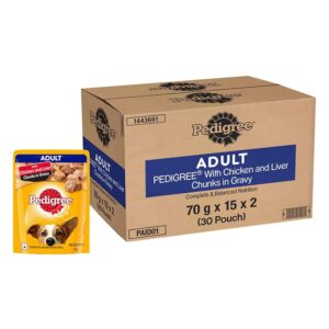 Pedigree Adult Wet Dog Food, Chicken & Liver Chunks in Gravy, 70 g (Pack of 30), Made with Real Meat, 100% Complete & Balanced Meal for Adult Dogs