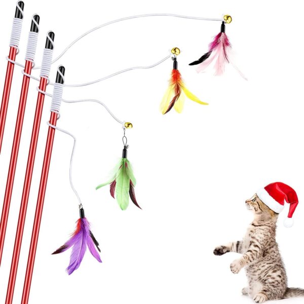 Cat Retractable Bell Teaser Wand Toy, Interactive Natural Feather Cat Kitten Toy