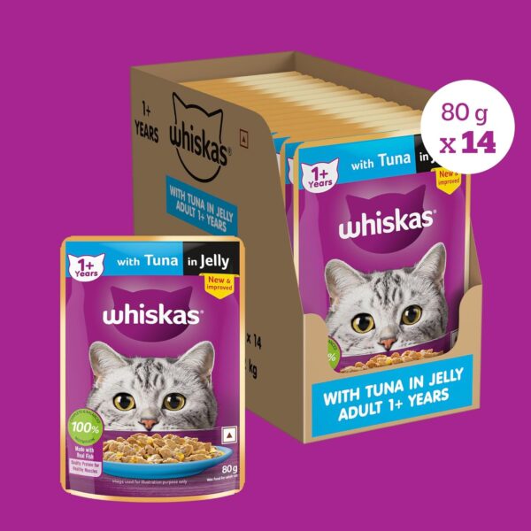 Whiskas Adult (1+ Years) Wet Cat Food, Tuna in Jelly, 80g, Pack of 14, Hydrating Food Made With Real Fish, 100% Complete & Balanced Nutrition for Adult Cats