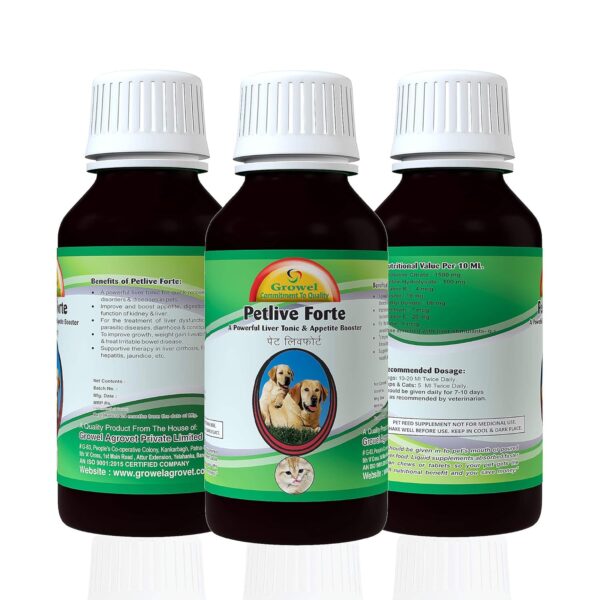 Growel Petlive Forte: A Powerful Liver Tonic for Digestion, Appetite, Growth and Food Intake for Dogs and Cats  100 ml.