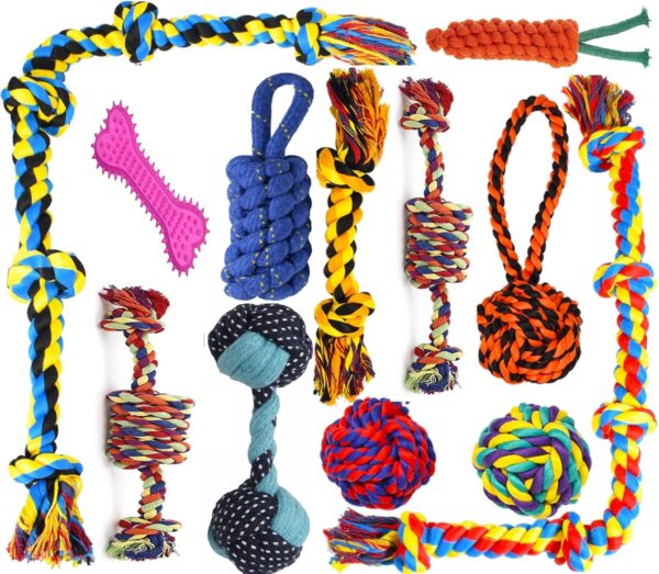 Tail Dog Toys + Dog Chew Toys + Puppy Teething Toys + Rope Dog Toy + Dog Toys for Small to Medium Dog Toys + Dog Toy Pack + Tug Toy + Dog Toy Set + Washable Cotton Rope for Dogs (Pack of 12)