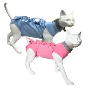 A+a Pets' Cat Everyday Clothing, for Post Surgery Recovery, Abdominal Wounds or Skin Diseases | Breathable Cotton (Pink & Blue, S)