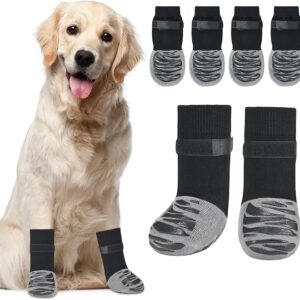 KUTKUT 4Pcs Non-Slip Socks for Indoor Flooring to More Grip Dog Grip Socks of Senior Dogs Indoor Outdoor Adjustable Dog Paw Protectors for Injury Tiger Stripe (Size: M: L*W : 16 * 6cm)