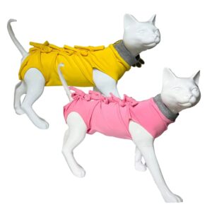 A+a Pets' Cat Everyday Clothing, for Post Surgery Recovery, Abdominal Wounds or Skin Diseases | Breathable Cotton (Pink & Yellow, XS)