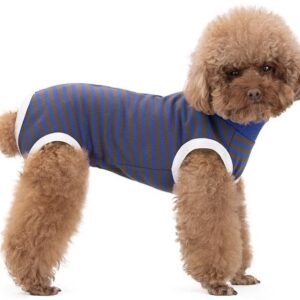 KUTKUT Kitten Puppy Blue Striped Recovery Suit, Surgery Suit for Female Dogs After Spay, Dog Cats Surgical Onesie with Pee Hole Collar Cone Alternative for Abdominal Wounds (Size: S, Chest: 35cm)
