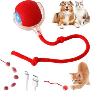 GOAWAY Automatic Rolling Cat Ball Toy, 2-Speed Modes, Teasing Tail & Bell Charm, Interactive Self Play Chasing Silicone Ball Toy for Indoor Cats