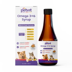 Petvit Omega Rich Skin & Coat Sardine Oil | Sardine Fish Flavour  200ml & Omega 3 + 6 Syrup with Omega 3, 6, Vitamin A, Biotin | Chicken Flavour | for All Ages Breed Dogs & Cats  Combo (Pack of 1)