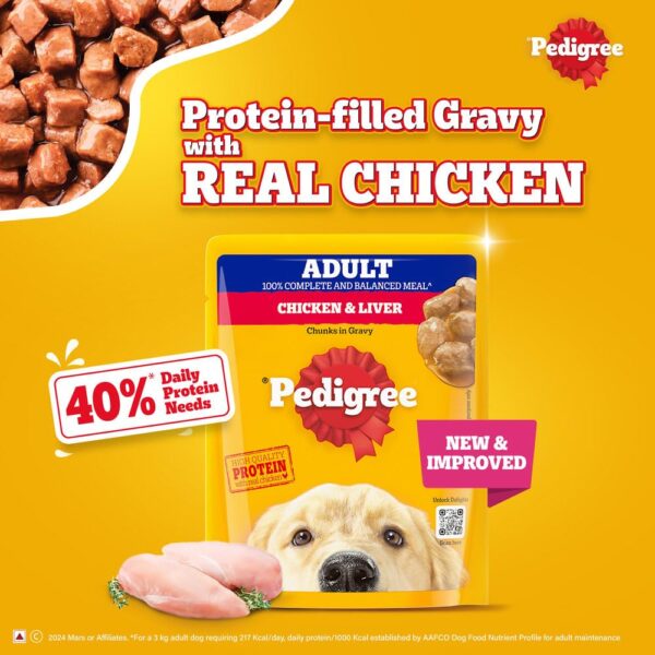 Pedigree Wet Food for Adult Dogs, Chicken & Liver Chunks in Gravy Flavour, Pack of 15 (15 x 70g)