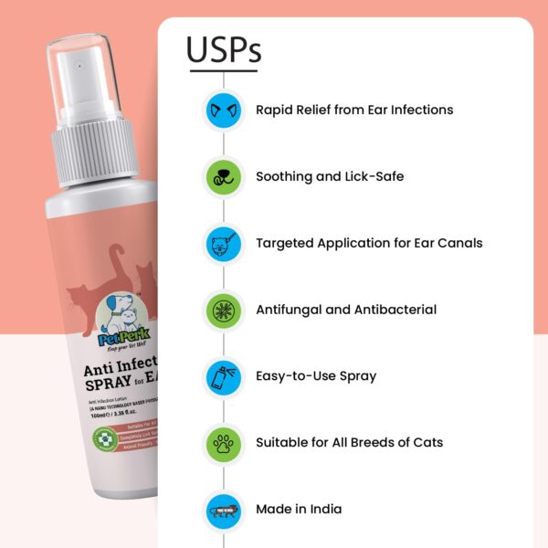 PET PERK Ear Anti-Infection Spray For Cats Advanced Nanotechnology Based Formulation Soothing Relief For Ear Infections Suitable For All Cat Breeds Cats(100 Ml,1 Bottle)