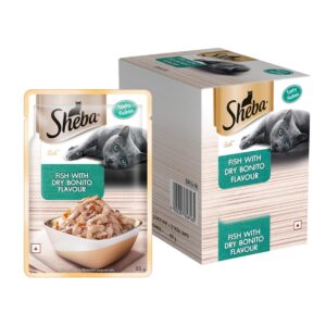 Sheba Premium Wet Food for Adult Cats, Fish with Dry Bonito Flake Flavour, 12 Pouches (12 x 35g)