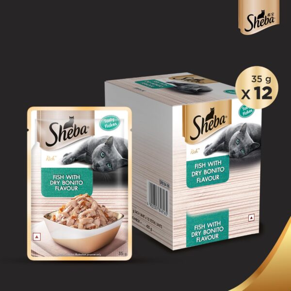 Sheba Premium Wet Food for Adult Cats, Fish with Dry Bonito Flake Flavour, 12 Pouches (12 x 35g)