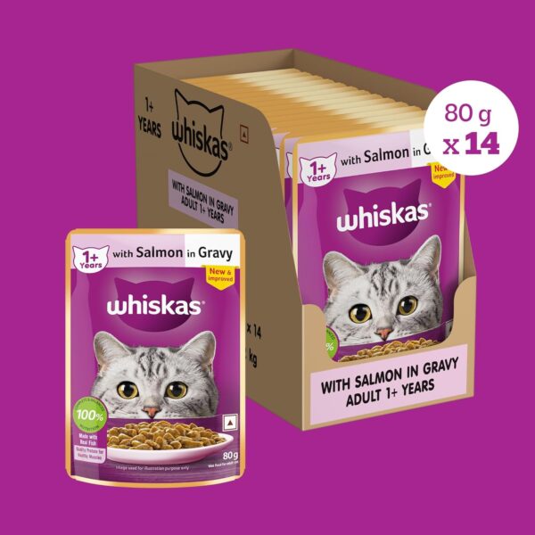 Whiskas Wet Food for Adult Cats (1+Years), Salmon in Gravy Flavour, 14 Pouches (14 x 80g)