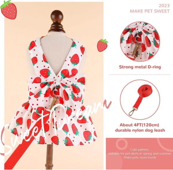 KUTKUT Dog Harness Dress for Small Dogs Puppy Kitten Harness and Leash Set with Cute Bowknot Straberries Pattern Princess Dress for Chiuhuahua, Yorkshire, Toypom Cats etc (Size:S, Chest: 35cm)