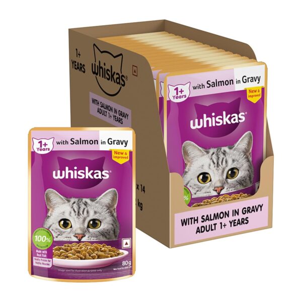 Whiskas Wet Food for Adult Cats (1+Years), Salmon in Gravy Flavour, 14 Pouches (14 x 80g)