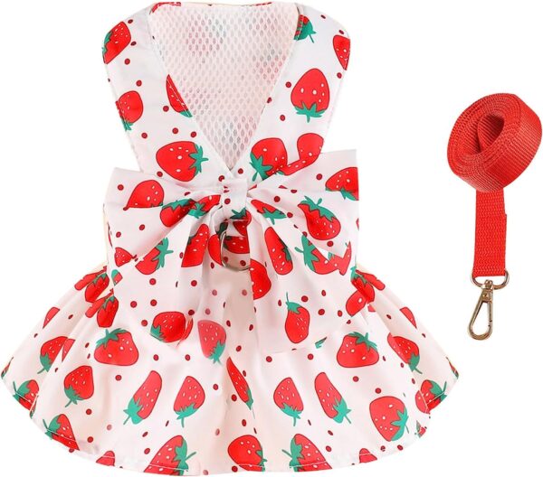 KUTKUT Dog Harness Dress for Small Dogs Puppy Kitten Harness and Leash Set with Cute Bowknot Straberries Pattern Princess Dress for Chiuhuahua, Yorkshire, Toypom Cats etc (Size:S, Chest: 35cm)
