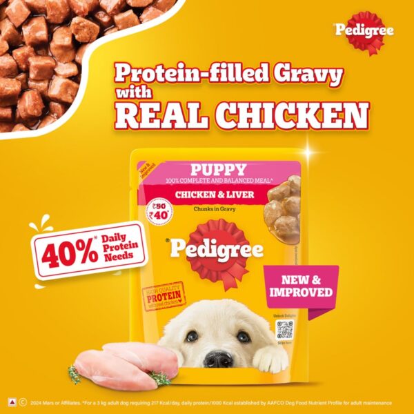 Pedigree Puppy Wet Dog Food, Chicken & Liver Chunks in Gravy, 70 g (Pack of 30), Made with Real Meat, 100% Complete & Balanced Meal for Puppies