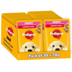 Pedigree Puppy Wet Dog Food, Chicken & Liver Chunks in Gravy, 70 g (Pack of 30), Made with Real Meat, 100% Complete & Balanced Meal for Puppies