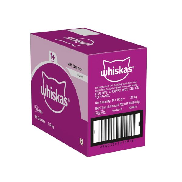Whiskas Wet Food for Adult Cats (1+Years), Salmon in Gravy Flavour, 14 Pouches (14 x 80g)