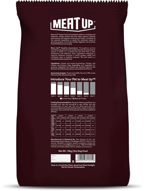 Meat Up Puppy Dry Dog Food, Chicken Flavour, 10 KG (Buy 1 Get 1 Free)