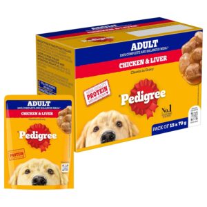 Pedigree Wet Food for Adult Dogs, Chicken & Liver Chunks in Gravy Flavour, Pack of 15 (15 x 70g)