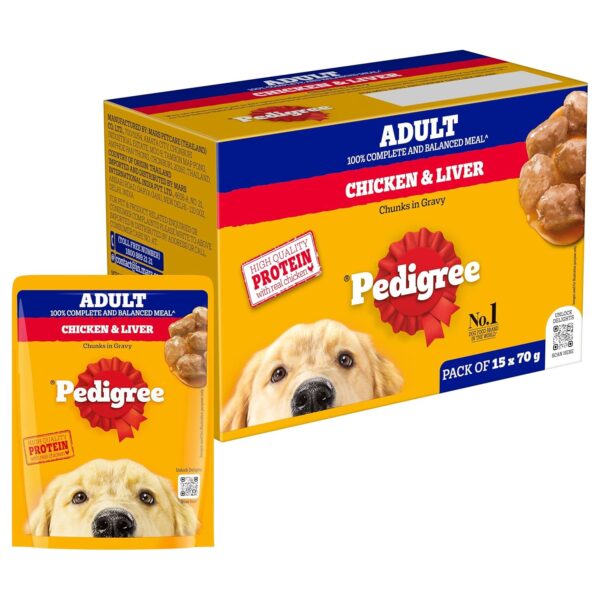 Pedigree Wet Food for Adult Dogs, Chicken & Liver Chunks in Gravy Flavour, Pack of 15 (15 x 70g)