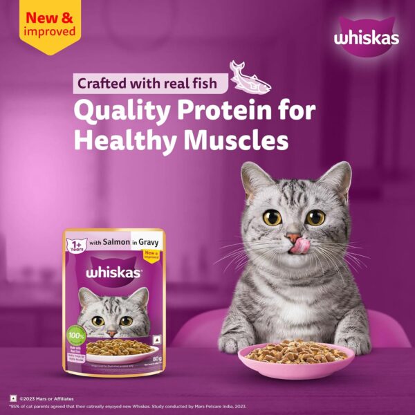 Whiskas Wet Food for Adult Cats (1+Years), Salmon in Gravy Flavour, 14 Pouches (14 x 80g)