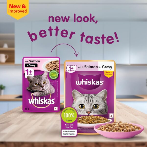 Whiskas Wet Food for Adult Cats (1+Years), Salmon in Gravy Flavour, 14 Pouches (14 x 80g)