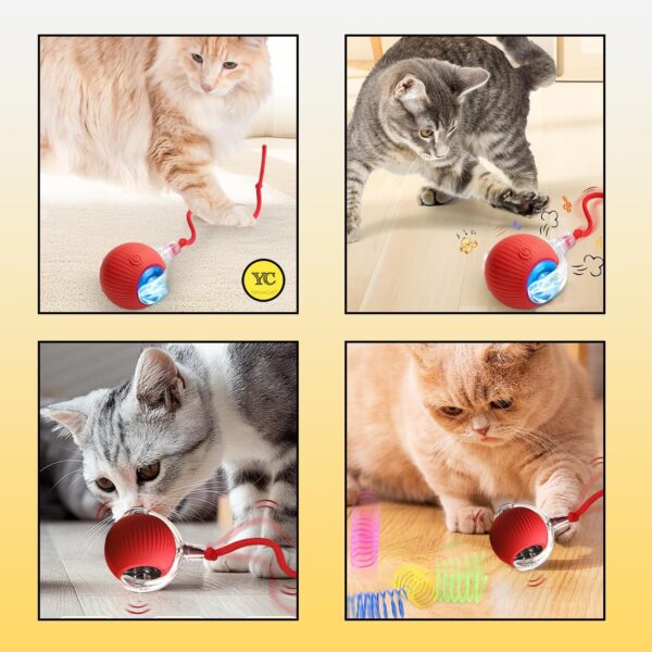 GOAWAY Automatic Rolling Cat Ball Toy, 2-Speed Modes, Teasing Tail & Bell Charm, Interactive Self Play Chasing Silicone Ball Toy for Indoor Cats