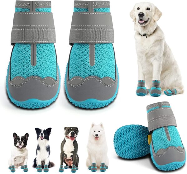 KUTKUT Dog Boots for Hardwood Floor | Breathable Shoes | Booties With Reflective and Skid-Proof | Outdoor Paw Protectors With Rubber Soles for Hiking and Running