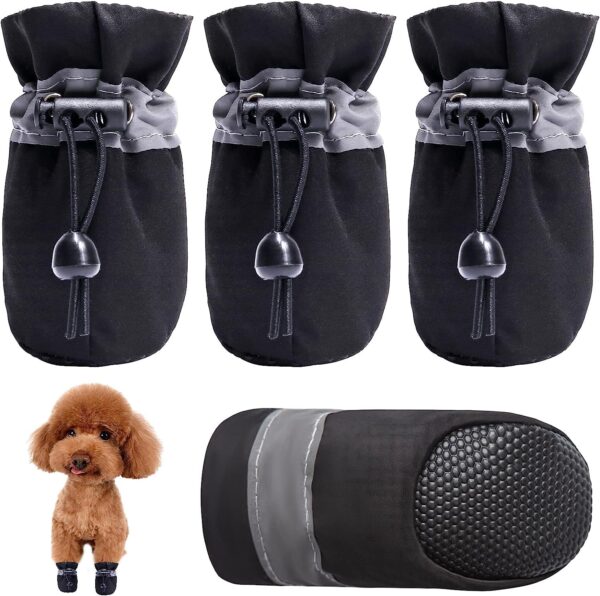 KUTKUT Small Dog Boots Paw Protector | 1 Pair Pack of 4Pcs Upgraded Anti-Slip Dog Shoes with Reflective Straps for Shihtzu, Poodle, Lhasa Apso etc (Black, Size: 5, Feet Long: 5.5cm, Feet Wide:4.5cm)