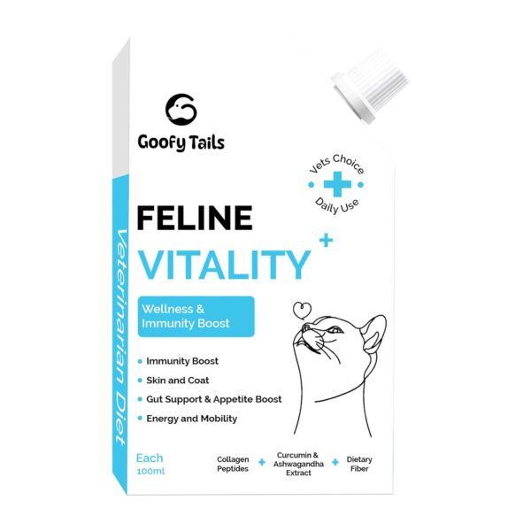Goofy Tails Feline Vitality+(100Mlx1Pack) Liquid Immunity Booster for Cats, Cat Coat Supplement, Gut Supplement, Boosted with Curcuminoids, Ashwagandha, Prebiotics and Collagen for Cats