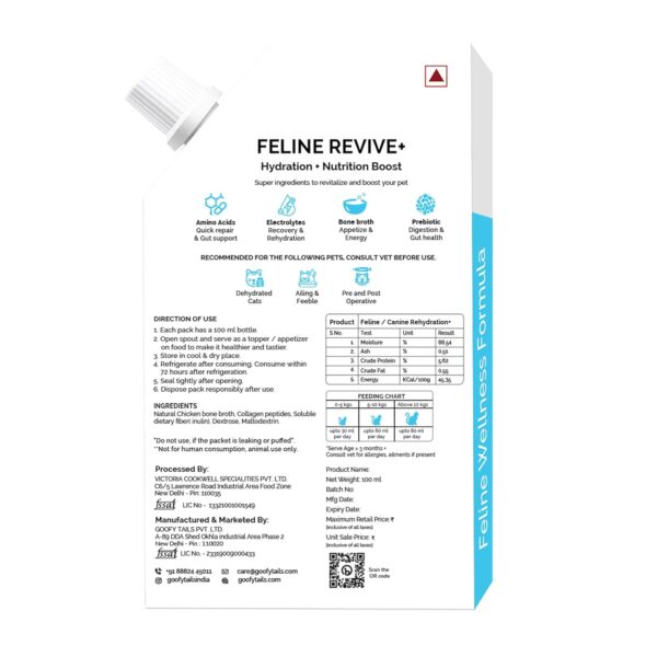Goofy Tails Feline Revive+ (100Mlx3Pack) Rapid Rehydration Liquid, ORS for Cats, Recovery Diet Cat Supplement, Boosted with Amino Acids, Electrolytes, Prebiotics, Bone Broth and Collagen for Cats