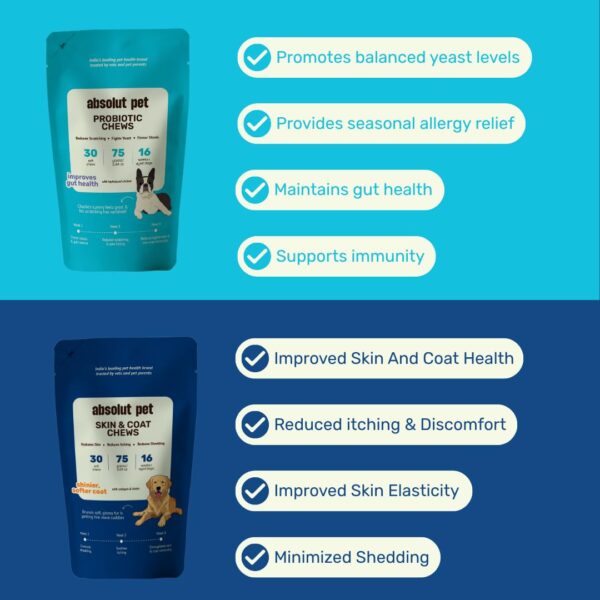 Absolut Pet Dog Supplement for Skin & Coat, Chews for Reduced Shedding, Healthy Skin & with Omega, Collagen & Biotin (Probiotic + Skin & Coat Chews)