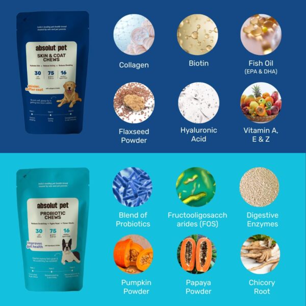 Absolut Pet Dog Supplement for Skin & Coat, Chews for Reduced Shedding, Healthy Skin & with Omega, Collagen & Biotin (Probiotic + Skin & Coat Chews)