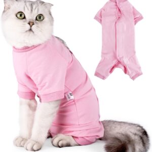 KUTKUT cotton Cat Recovery Suit for Male & Female Surgical Post Surgery Soft Cone Onesie Cats Shirt Clothes Neuter Licking Protective Diapers Outfit Cover Kitten (SIZE:L,Chest:40-45cm),pink,1 count