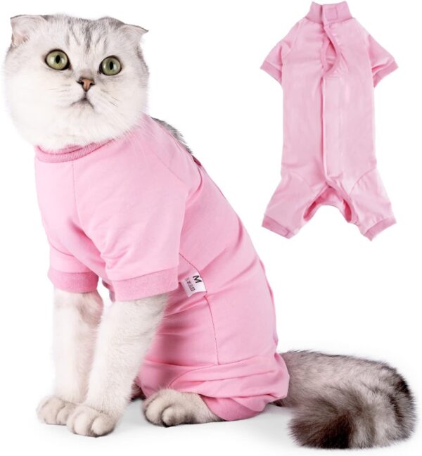 KUTKUT cotton Cat Recovery Suit for Male & Female Surgical Post Surgery Soft Cone Onesie Cats Shirt Clothes Neuter Licking Protective Diapers Outfit Cover Kitten (SIZE:L,Chest:40-45cm),pink,1 count