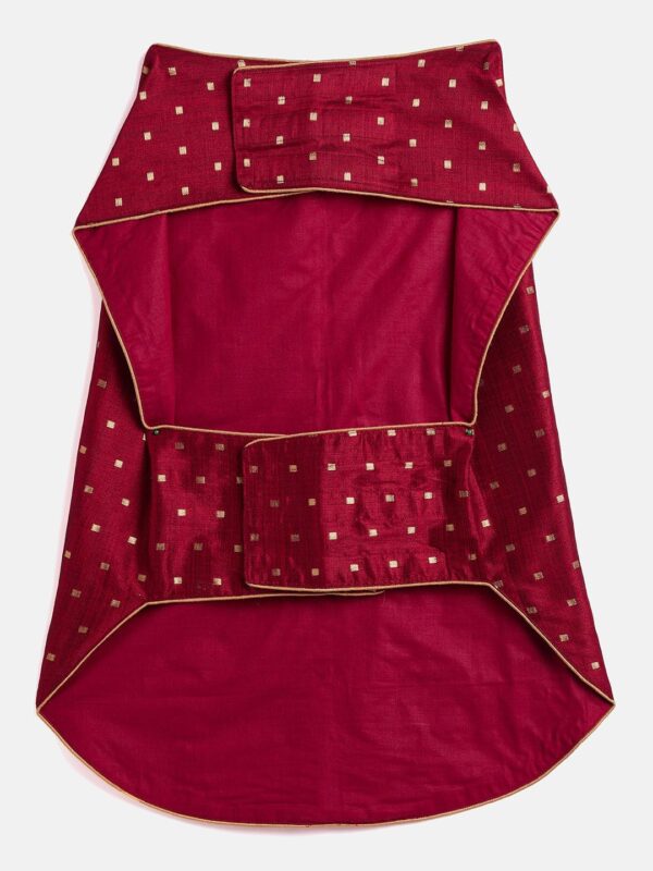 Vastramay Dogs’ Maroon and Gold Silk Blend Ethnic Jacket | Banarasi Brocade Woven Jacquard Vest/Ethnic Jacket with Golden Piping for Dogs