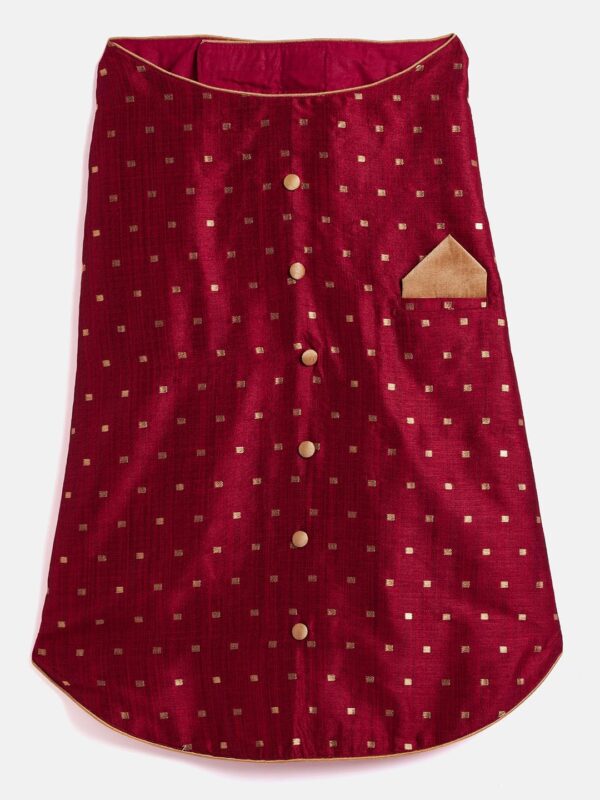 Vastramay Dogs’ Maroon and Gold Silk Blend Ethnic Jacket | Banarasi Brocade Woven Jacquard Vest/Ethnic Jacket with Golden Piping for Dogs