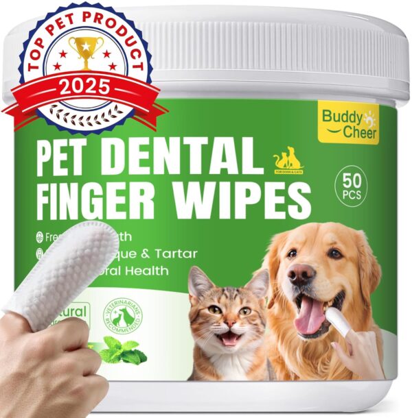 BuddyCheer Dog Teeth Cleaning Wipes, Pet Dental Finger Wipes for Dogs' Teeth, Dog Finger Toothbrush Wipes to Reduce Tartar Buildup, Freshen Breath Disposable Dental Wipes for Dogs- Mint- 50 Count