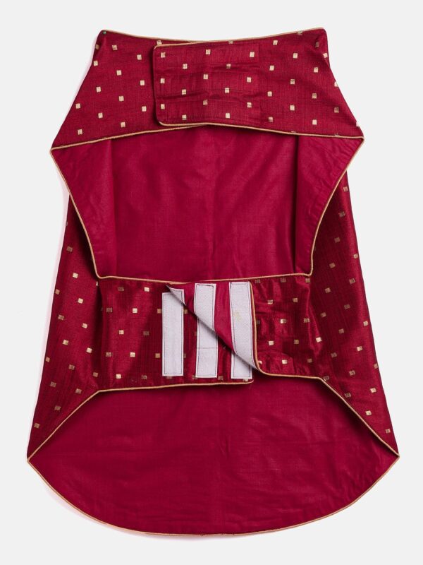 Vastramay Dogs’ Maroon and Gold Silk Blend Ethnic Jacket | Banarasi Brocade Woven Jacquard Vest/Ethnic Jacket with Golden Piping for Dogs