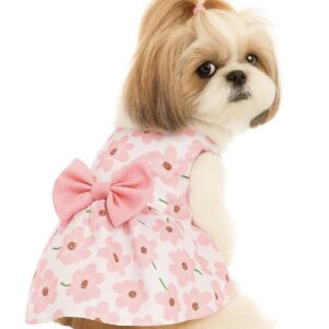 KUTKUT Floral Pattern Dog Dress with Lovely Bow Pet Apparel Dog Clothes for Small Breed Dogs and Cats | Puppy Summer Dress Birthday Pet Apparel Dress (Size:L, Bust:42cm, Length:32cm)