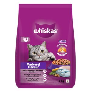 Whiskas Adult (1+ Years) Dry Cat Food, Mackerel Flavour, 7 kg, Contains 41 Essential Nutrients, Complete & Balanced Nutrition for Adult Cats